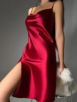 Women's Satin Dress Strap Dress Midi Dress Luxury Sexy Backless Split Solid Color Strap Party Lounge Black Champagne 2023 Summer Spring S M L XL -Tesla Style sloqrj1692858258609