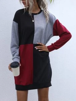 Women's Casual Dress Hoodie Dress Mini Dress Fashion Daily Outdoor Home Vacation Crew Neck Patchwork Print Loose Fit Blue Army Green Dark Gray S M L XL -Tesla Style slxbay1693535792867