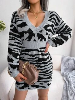 Women's Sweater Dress Jumper Dress Casual Dress Mini Dress Fashion Stripe Outdoor Daily Going Out V Neck Long Sleeve 2023 Loose Fit Blue Khaki Gray S M L -Tesla Style smdfzv1695030493763