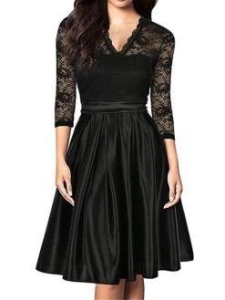 Women's Party Dress Lace Dress Cocktail Dress Midi Dress Black White Wine 3/4 Length Sleeve Pure Color Lace Summer Spring Fall V Neck Party Wedding Guest Fall Dress Spring Dress 2023 S M L XL 2XL -Tesla Style smllzv1676614005242