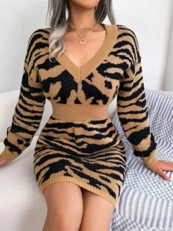 Women's Sweater Dress Jumper Dress Casual Dress Mini Dress Fashion Stripe Outdoor Daily Going Out V Neck Long Sleeve 2023 Loose Fit Blue Khaki Gray S M L -Tesla Style smlpiq1695030477893