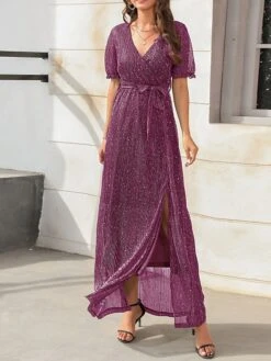 Women's Long Dress Maxi Dress Party Dress Formal Dress Summer Dress Pure Color Streetwear Modern Party Outdoor Holiday Lace Up Split Short Sleeve V Neck Dress Loose Fit Black Red Blue Summer Spring S -Tesla Style smnbov1678860552313