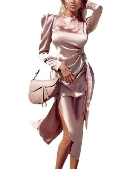 Women‘s Party Dress Wedding Guest Dress Satin Dress Pink Dress Midi Dress Pink Long Sleeve Print Ruched Winter Fall Autumn Crew Neck Elegant Wedding Party Winter Dress 2023 S M L XL XXL -Tesla Style snflym1678437565739