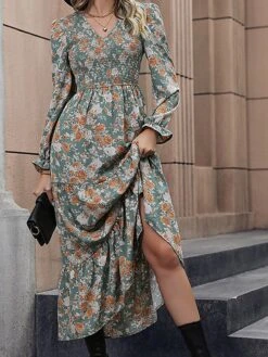 Women's Work Dress Casual Dress Swing Dress Fashion Winter Dress Daily Midi Dress Ruched Print V Neck Long Sleeve Floral Slim Green Fall Winter S M L XL -Tesla Style sniwld1695096217925