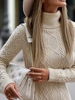 Women‘s Sweater Dress Winter Dress Casual Dress Midi Dress Beige Long Sleeve Pure Color Knit Print Winter Fall Turtleneck Casual Fall Dress 2023 S M L XL XXL -Tesla Style soauvc1660559755878