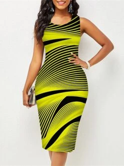 Women's Work Dress Sheath Dress Semi Formal Dress Elegant Midi Dress Print Crew Neck Sleeveless Rainbow Slim White Yellow Blue Summer Spring S M L XL XXL -Tesla Style soeorm1677122609382