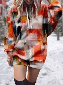 Women's Casual Dress Hoodie Dress Winter Dress Plaid Print Hooded Mini Dress Fashion Streetwear Outdoor Daily Long Sleeve Loose Fit Red Blue Green Fall Winter S M L XL XXL -Tesla Style sollty1694675723916