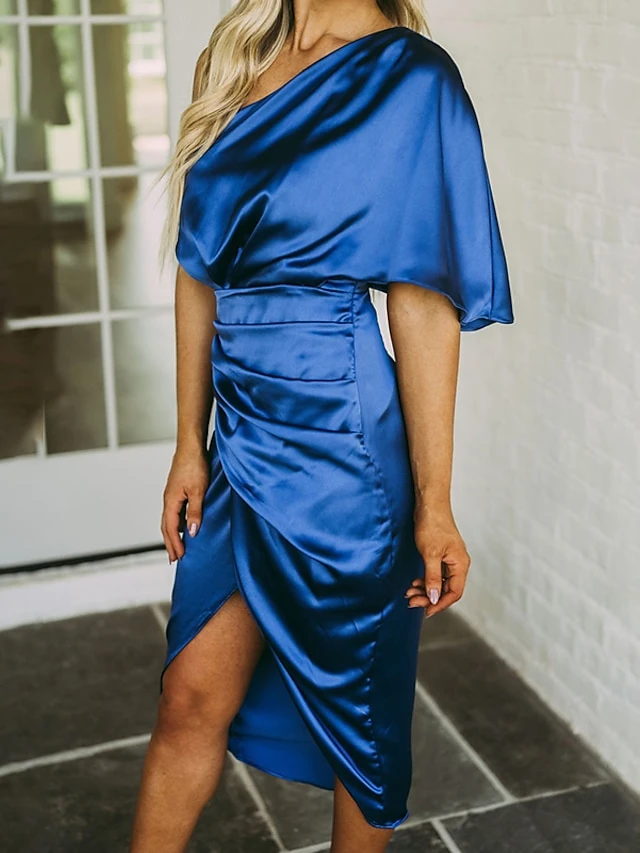Women's Party Dress Cocktail Dress Satin Dress Midi Dress Black Gold Dark Blue Short Sleeve Pure Color Ruched Spring Fall One Shoulder Fashion Office Wedding Guest Vacation 2022 S M L XL 7 Women's Party Dress Cocktail Dress Satin Dress Midi Dress Black Gold Dark Blue Short Sleeve Pure Color Ruched Spring Fall One Shoulder Fashion Office Wedding Guest Vacation 2022 S M L XL - Image 5