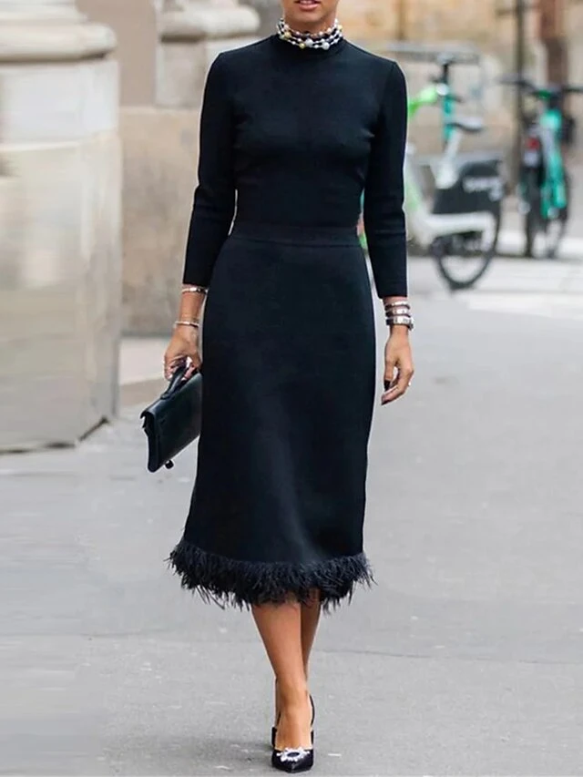 Women's Party Dress Feather Dress Cocktail Dress Midi Dress Black Long Sleeve Pure Color Feather Fall Winter Autumn Stand Collar Fashion Winter Dress Wedding Guest Vacation S M L XL XXL 3XL 5 Women's Party Dress Feather Dress Cocktail Dress Midi Dress Black Long Sleeve Pure Color Feather Fall Winter Autumn Stand Collar Fashion Winter Dress Wedding Guest Vacation S M L XL XXL 3XL - Image 3