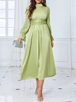 Women's Prom Dress Party Dress Satin Dress Long Dress Maxi Dress Green Long Sleeve Pure Color Strappy Spring Fall Winter Stand Collar Fashion Winter Dress Evening Party Wedding Guest 2023 S M L XL -Tesla Style souidg1693390904265