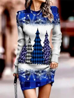 Women‘s Christmas Sweater Dress Jumper Dress Winter Dress Warm Christmas Tree Snowflake Outdoor Christmas Daily Holiday Crew Neck Long Sleeve 2023 Regular Fit Wine Blue Green S M L XL -Tesla Style souzai1695624665431