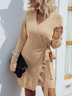 Women's Sweater Dress Jumper Dress Casual Dress Mini Dress Fashion Pure Color Outdoor Daily Vacation Going Out V Neck Long Sleeve Lace Up Patchwork 2023 Regular Fit Pink Khaki Dark Gray S M L XL -Tesla Style souznv1693994033917