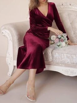 Women‘s Christmas Prom Dress Party Dress Velvet Dress Long Dress Maxi Dress Black Wine Dark Green Long Sleeve Pure Color Ruched Spring Fall Winter V Neck Fashion Winter Dress Birthday Evening Party -Tesla Style sozjcp1691402336172