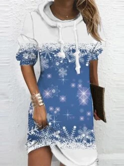 Women's Christmas Hoodie Dress Winter Dress Mini Dress Blue Wine Long Sleeve Snowflake Print Winter Fall Hooded Vacation Casual 2022 S M L XL XXL 3XL -Tesla Style spqezk1666927690591
