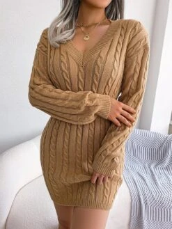 Women's Sweater Dress Jumper Dress Casual Dress Mini Dress Fashion Pure Color Outdoor Daily Vacation Going Out V Neck Long Sleeve Patchwork 2023 Regular Fit White Blue Khaki S M L -Tesla Style sqcwbv1695030475640