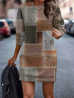 Women's Casual Dress Sweatshirt Dress Mini Dress Warm Fashion Outdoor Vacation Going Out Crew Neck Print Geometric Loose Fit Royal Blue Blue Brown S M L XL XXL -Tesla Style sqehwl1695887925453