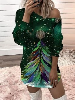 Women‘s Christmas Casual Dress Sweatshirt Dress Mini Dress Warm Fashion Outdoor Holiday Crew Neck Print Tree Loose Fit Black Blue Gold S M L XL XXL -Tesla Style sqjglk1694157650078