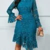 Women's Party Dress Lace Dress Cocktail Dress Midi Dress Light Blue Long Sleeve Pure Color Lace Spring Fall Winter Stand Collar Fashion Winter Dress Wedding Guest Vacation 2023 S M L XL XXL -Tesla Style sqnrmd1694759633546