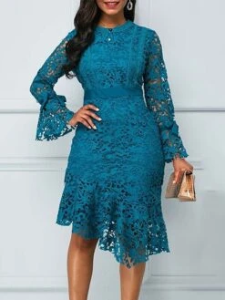 Women's Party Dress Lace Dress Cocktail Dress Midi Dress Light Blue Long Sleeve Pure Color Lace Spring Fall Winter Stand Collar Fashion Winter Dress Wedding Guest Vacation 2023 S M L XL XXL