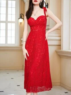 Women's Party Dress Lace Dress Cocktail Dress Midi Dress Red Sleeveless Pure Color Lace Summer Spring Fall Spaghetti Strap Fashion Wedding Guest Vacation Summer Dress 2023 S M L XL -Tesla Style sqsent1690276035805
