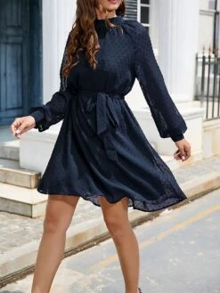 Women's Work Dress Chiffon Dress Black Dress Fashion Mini Dress Lace Up Ruched Crew Neck Long Sleeve Plain Loose Fit Black White Wine Fall Winter S M L XL XXL -Tesla Style srmgmz1693373938812