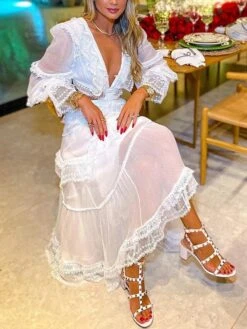 Women's White Dress Long Dress Maxi Dress White Long Sleeve Pure Color Patchwork Winter Fall Autumn V Neck Party Winter Dress Fall Dress Slim 2022 S M L XL -Tesla Style srqzuz1626055527412
