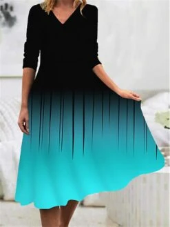 Women's Work Dress Casual Dress Swing Dress Fashion Winter Dress Daily Midi Dress Print V Neck Long Sleeve Geometric Color Block Regular Fit Pink Blue Fall Winter S M L XL XXL -Tesla Style srrukg1694490799640