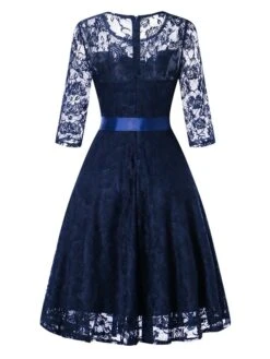 Women's Party Dress Lace Dress Wedding Guest Dress Midi Dress Wine Navy Blue 3/4 Length Sleeve Pure Color Lace Summer Spring Fall Crew Neck Fashion Party Wedding Guest Vacation 2022 S M L XL XXL -Tesla Style srtxdi1631861643757