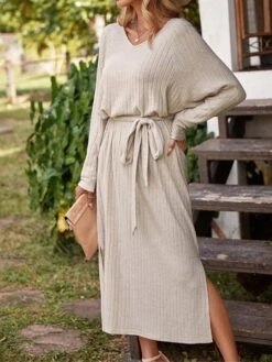 Women's Sweater Dress Winter Dress Jumper Dress Midi Dress Lace Up Split Outdoor Work Street Fashion Modern V Neck Long Sleeve 2023 Loose Fit Apricot Color S M L Size -Tesla Style srvwgw1695034922407