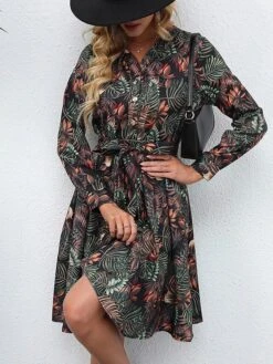 Women's Work Dress A Line Dress Fashion Mini Dress Lace Up Button V Neck Long Sleeve Floral Regular Fit Green Fall S M L XL XXL -Tesla Style ssnicv1693280833228