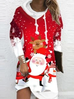 Women's Christmas Hoodie Dress Shift Dress Mini Dress Wine Long Sleeve Santa Claus Elk Snowman Print Winter Fall Hooded Vacation Casual 2022 S M L XL XXL 3XL -Tesla Style ssvxcn1667268301954