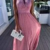 Women's Long Dress Maxi Dress Party Dress Casual Dress Summer Dress Pure Color Streetwear Casual Outdoor Holiday Going Out Ruched Pleated Sleeveless Halter Neck Dress Slim Pink Blue Summer Spring S M