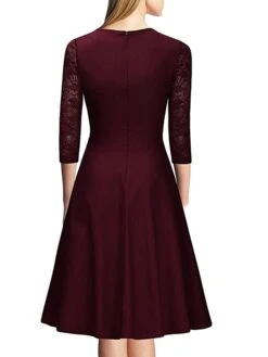 Women's Casual Dress Swing Dress Green Dress Midi Dress Wine Green 3/4 Length Sleeve Pure Color Lace Summer Spring Square Neck Party Slim 2023 S M L XL XXL -Tesla Style sszamx1639377785769