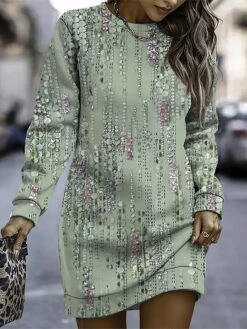 Women's Casual Dress Sweatshirt Dress Winter Dress Floral Print Crew Neck Mini Dress Fashion Streetwear Outdoor Daily Long Sleeve Loose Fit Dark Red Dark Green Green Fall Winter S M L XL XXL -Tesla Style sszfna1694164797017