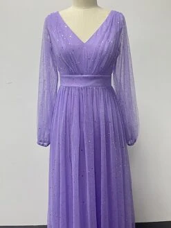 Women‘s Prom Dress Party Dress Sequin Dress Long Dress Maxi Dress Purple Long Sleeve Pure Color Sparkly Glitter Sequins Fall Winter Autumn V Neck Fashion Wedding Guest Birthday Evening Party -Tesla Style stmegz1693535478547