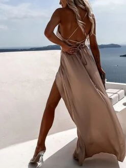 Women's Prom Dress Party Dress Satin Dress Pink Dress Long Dress Maxi Dress Fuchsia Khaki Sleeveless Pure Color Backless Summer Spring Fall Spaghetti Strap Fashion Birthday Evening Wedding Guest 2023 -Tesla Style stskia1663237142803