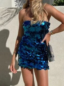 Women's Party Dress Sequin Dress Bodycon Mini Dress Yellow Blue Purple Sleeveless Pure Color Sequins Summer Spring Strapless Party Vacation Summer Dress Slim 2023 S M L -Tesla Style sudcnv1678256123016