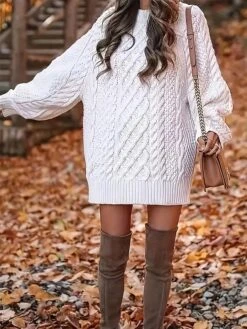 Women's Sweater Dress Jumper Dress Casual Dress Mini Dress Warm Pure Color Outdoor Casual Daily Going Out Crew Neck Long Sleeve 2023 Loose Fit White XL XXL 3XL -Tesla Style suetzk1695643745383