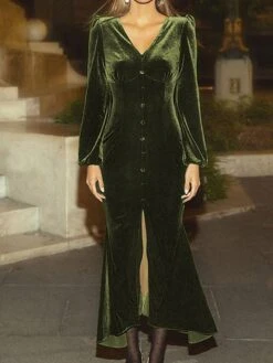 Women‘s Christmas Party Dress Velvet Dress Wedding Guest Dress Midi Dress Black Pink Wine Long Sleeve Pure Color Button Spring Fall Winter V Neck Fashion Winter Dress Office Evening Party 2023 -Tesla Style sunxcy1692614939942