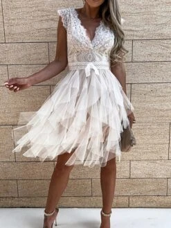 Women's Party Dress Lace Dress Homecoming Dress Midi Dress Black White Pink Sleeveless Pure Color Lace Summer Spring V Neck Vacation Vacation Spring Dress Slim 2023 S M L XL -Tesla Style svrcsr1651566101396