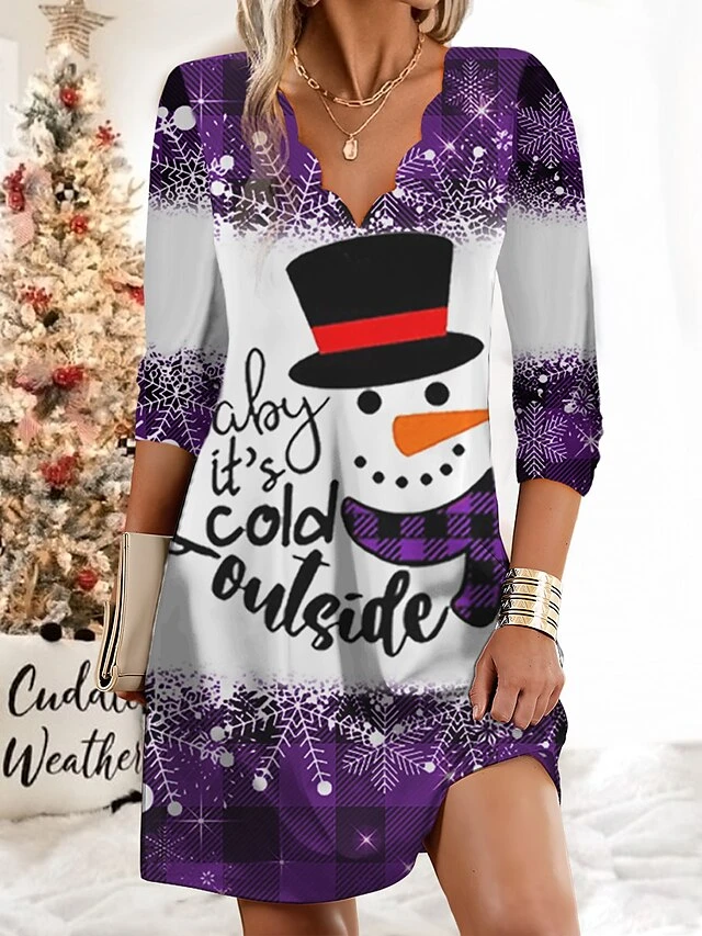 Women's Christmas Work Dress Casual Dress Fashion Winter DressDaily Mini Dress Print V Neck Long Sleeve Plaid Snowman Regular Fit Wine Purple Green Fall Winter S M L XL XXL 4 Women's Christmas Work Dress Casual Dress Fashion Winter DressDaily Mini Dress Print V Neck Long Sleeve Plaid Snowman Regular Fit Wine Purple Green Fall Winter S M L XL XXL - Image 2
