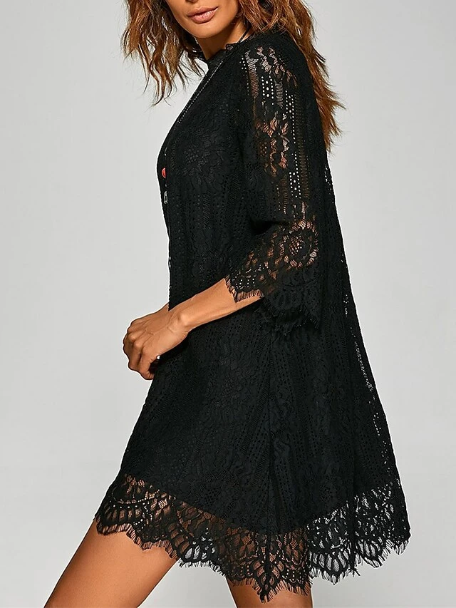 Women's Work Dress Party Dress Lace Dress Fashion Mini Dress Lace Stand Collar 3/4 Length Sleeve Plain Regular Fit Black White Spring Fall S M L XL XXL 7 Women's Work Dress Party Dress Lace Dress Fashion Mini Dress Lace Stand Collar 3/4 Length Sleeve Plain Regular Fit Black White Spring Fall S M L XL XXL - Image 5