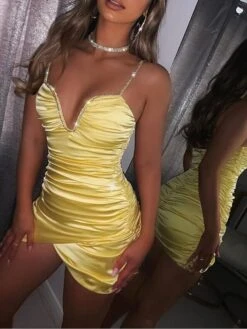 Women's Party Dress Homecoming Dress Satin Dress Mini Dress Yellow Purple Sleeveless Pure Color Ruched Summer Spring V Neck Fashion Party 2022 S M L XL -Tesla Style sweoan1634021051011