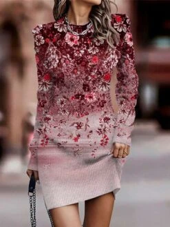 Women's Sweater Dress Winter Dress Jumper Dress Mini Dress Fashion Floral Outdoor Daily Date Going Out Crew Neck Long Sleeve Print 2023 Regular Fit Purple Fuchsia Khaki S M L XL XXL 3XL -Tesla Style sxfryk1694423014391