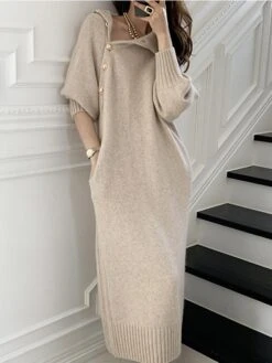 Women‘s Sweater Dress Winter Dress Sheath Dress Knee Length Dress Black Khaki Beige Long Sleeve Pure Color Button Fall Winter Autumn Turtleneck Stylish Winter Dress Fall Dress Loose Fit 2023 One-Size -Tesla Style sxrsur1658746614194