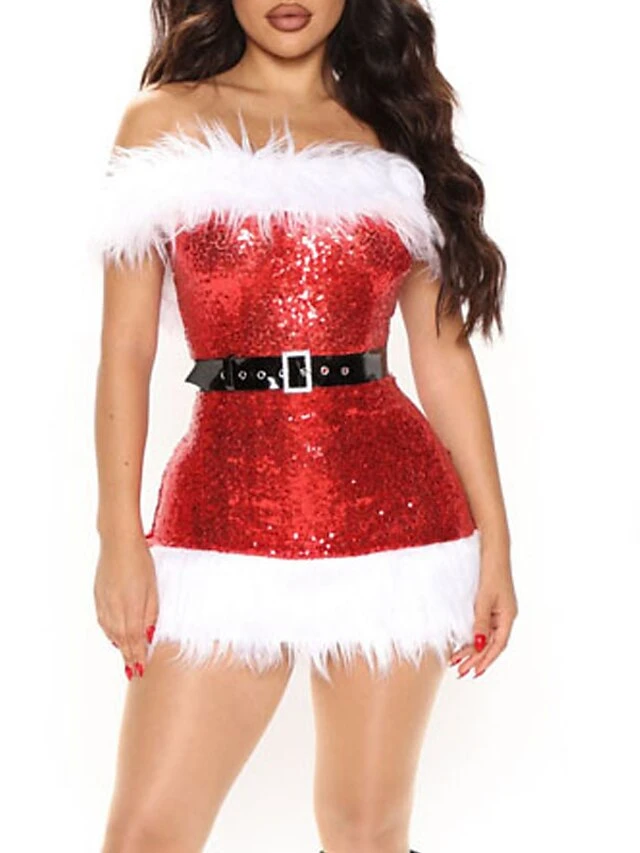 Women's Christmas Party Dress Feather DressShort Mini Dress Red Sleeveless Color Block Sequins Feather Cold Shoulder Fall Winter Off Shoulder Party Stylish Sexy 2022 S M L XL XXL 7 Women's Christmas Party Dress Feather DressShort Mini Dress Red Sleeveless Color Block Sequins Feather Cold Shoulder Fall Winter Off Shoulder Party Stylish Sexy 2022 S M L XL XXL - Image 5
