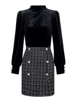 Women's Work Dress Sheath Dress Semi Formal Dress Fashion Office Daily Workfashion Mini Dress Patchwork Button Stand Collar Long Sleeve Plaid Slim Black Fall Winter S M L -Tesla Style syfyyi1695030989189