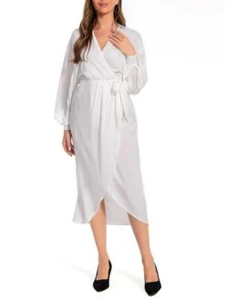 Women's Work Dress Satin Dress White Dress Fashion Midi Dress Lace Up V Neck Long Sleeve Plain Loose Fit White Fall Winter S M L XL XXL -Tesla Style syhhas1693467043738