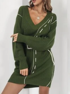 Women's Sweater Dress Jumper Dress Casual Dress Mini Dress Active Pure Color Outdoor Casual Holiday Vacation V Neck Long Sleeve 2023 Regular Fit Green Beige S M L -Tesla Style sylhnu1692948086170