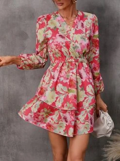 Women's Work Dress Semi Formal Dress Wrap Dress Fashion Mini Dress Ruffle Layered V Neck Long Sleeve Floral Regular Fit Red Purple Orange Fall S M L XL XXL -Tesla Style sylmfy1693300618123